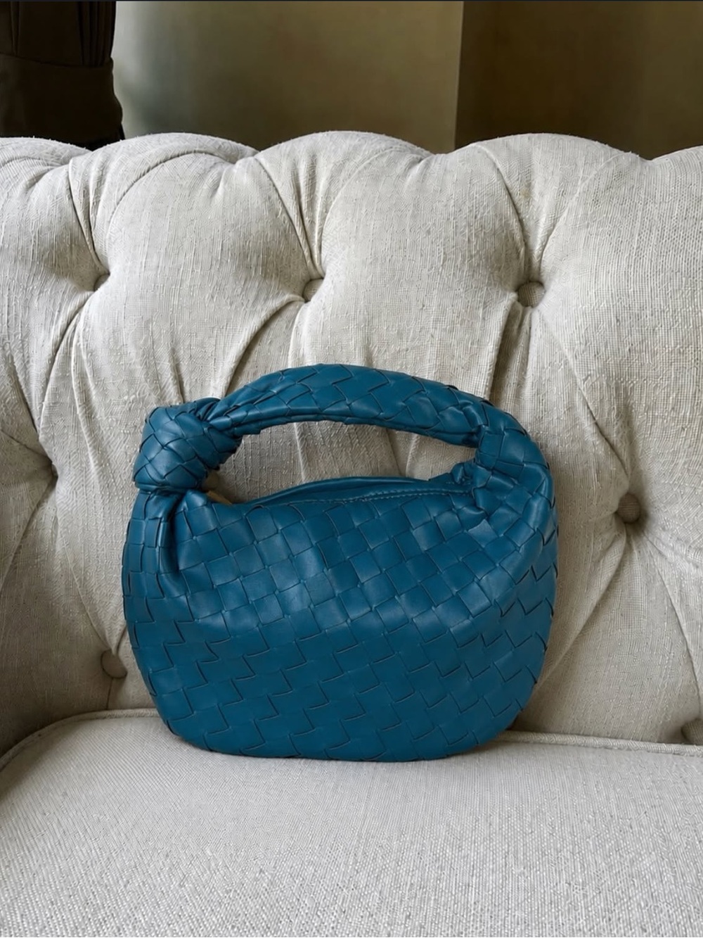 Woven Leather Knot-Handle Shoulder Bag in Teal